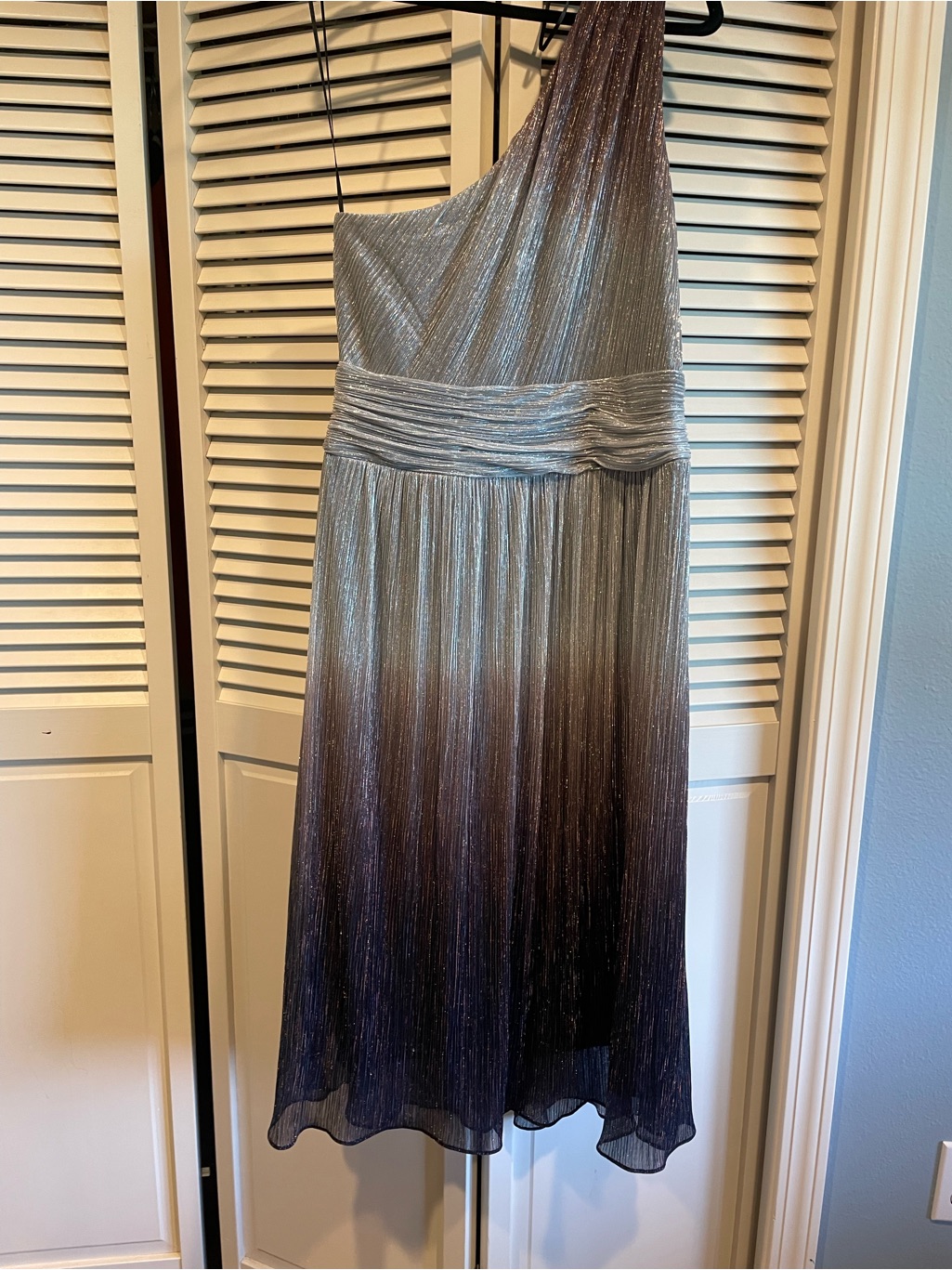 One-Shoulder Ombre Metallic Midi Dress - Silver To Black - Prom Ready!